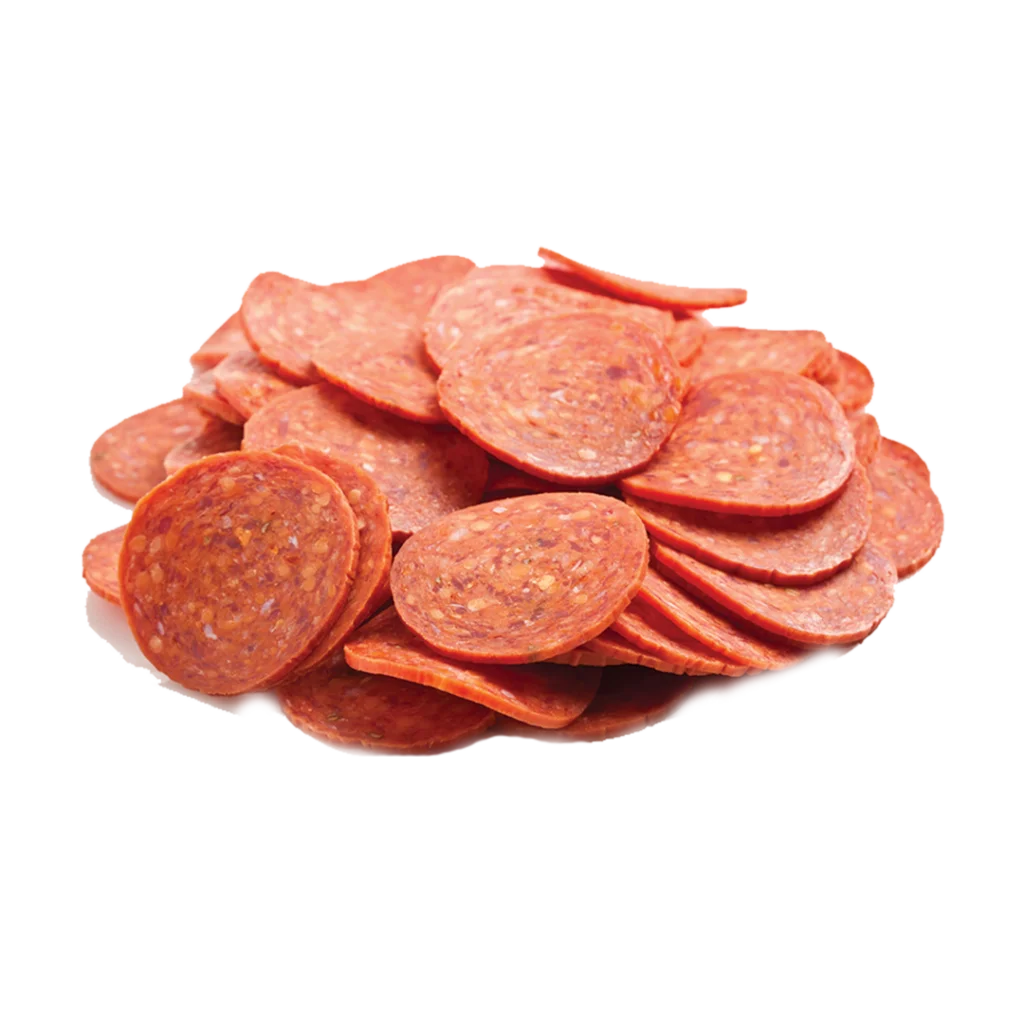 Slices of red pepperoni. 