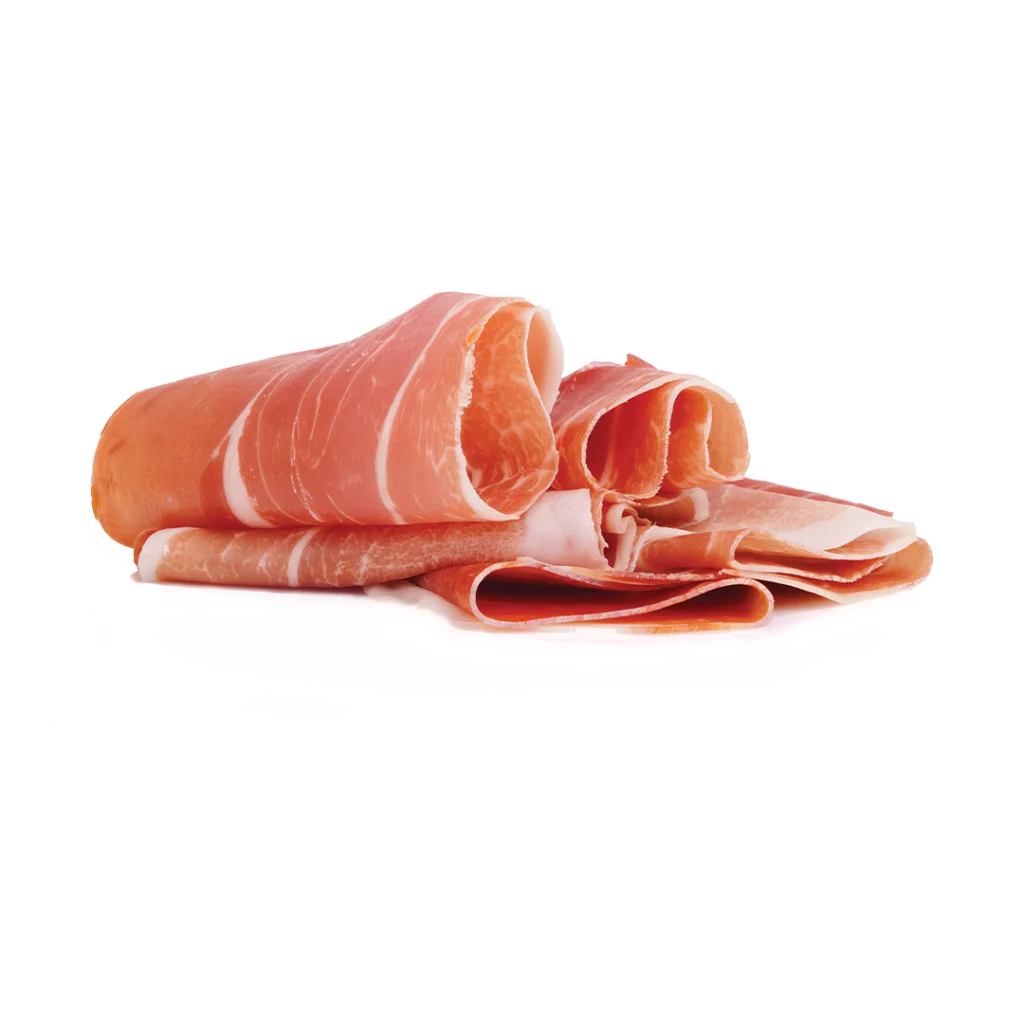 Slices Prosciutto n a white background. 