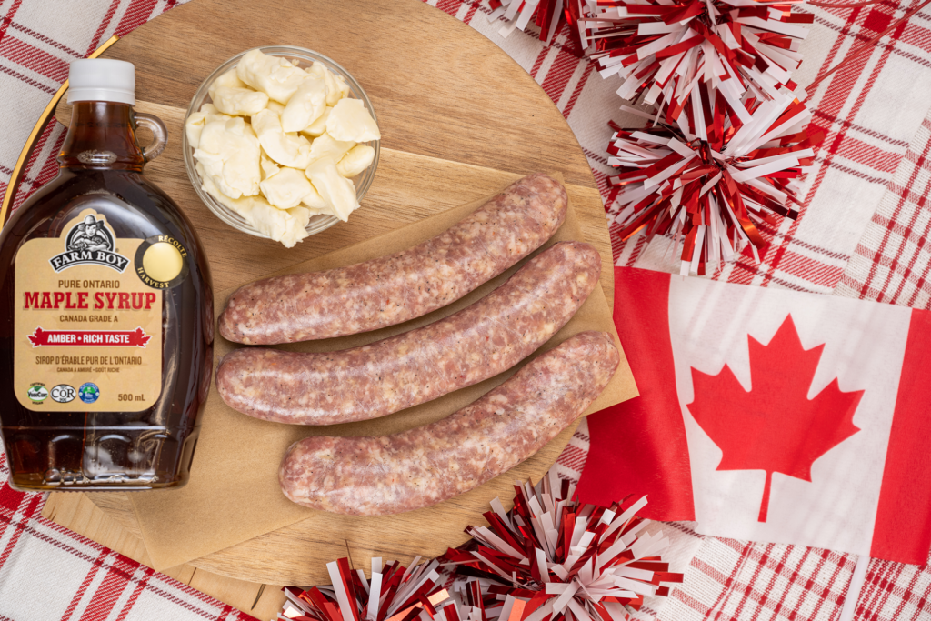 Farm Boy™ The Great Canadian Artisan Sausage, Ontario cheese curds, and Pure Ontario Maple Syrup.