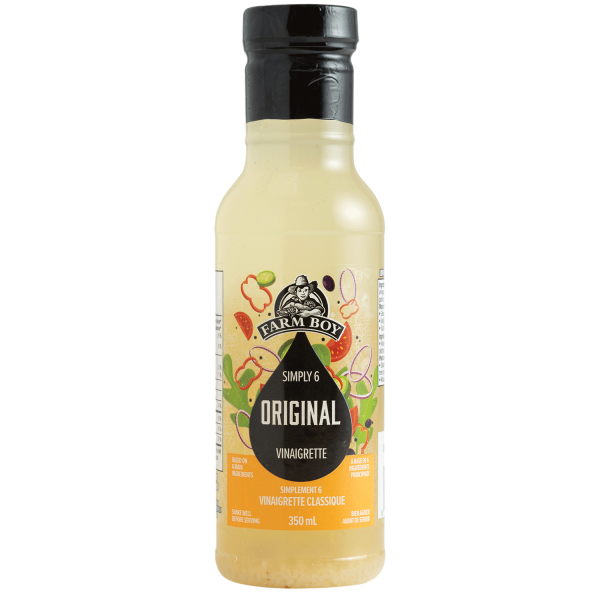 Bottle of Farm Boy Simply Six Original Vinaigrette on white background