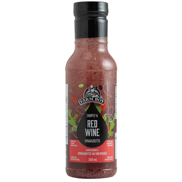 Bottle of Farm Boy Simply Six Red Wine Vinaigrette on white background
