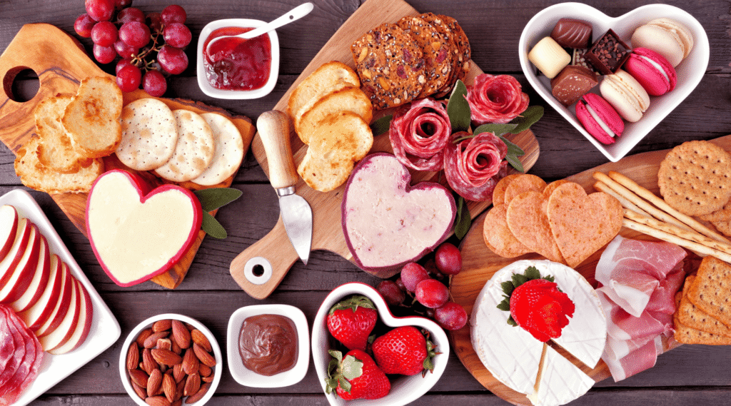 Valentines Day theme charcuterie table scene against a dark wood background. Assorted cheese, meat, fruit and sweet appetizers. Top down view.